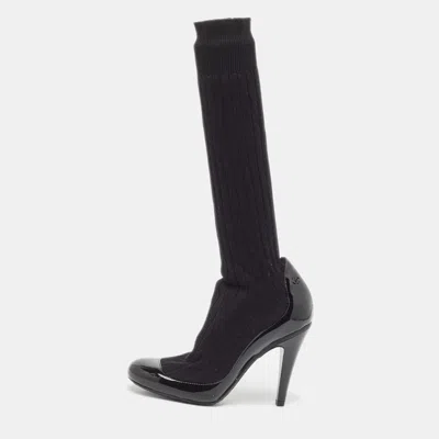 Pre-owned Chanel Black Patent Leather And Knit Fabric Sock Pumps Size 35