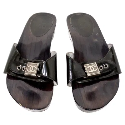 Pre-owned Chanel Black Patent Leather & Wood Clog Slides Circa Y2k
