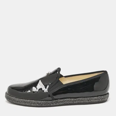 Pre-owned Chanel Black Patent Leather Cc Espadrille Loafers Size 41