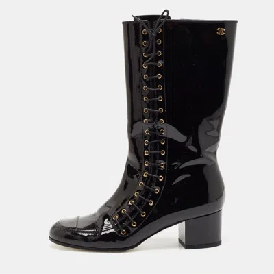 Pre-owned Chanel Black Patent Leather Cc Lace Up Mid Calf Boots Size 38.5