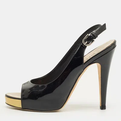 Pre-owned Chanel Black Patent Leather Cc Open Toe Slingback Pumps Size 36