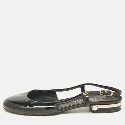 Pre-owned Chanel Black Patent Leather Cc Slingback Flats Size 36