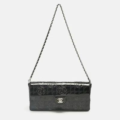 Pre-owned Chanel Black Patent Leather Laser Cut Camellia East West Flap Bag