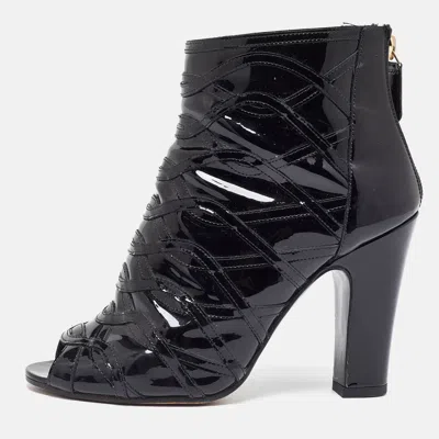 Pre-owned Chanel Black Patent Leather Peep Toe Ankle Booties Size 36