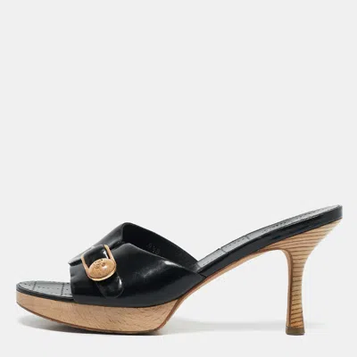 Pre-owned Chanel Black Patent Leather Platform Slide Sandals Size 39.5