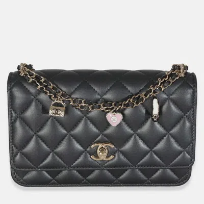 Pre-owned Chanel Black Pearly Quilted Lambskin Charms Wallet On Chain
