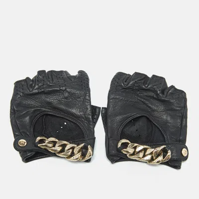 Pre-owned Chanel Black Perforated Leather Chain Link Fingerless Gloves
