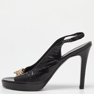 Pre-owned Chanel Black Perforated Patent Leather Open Toe Slingback Sandals Size 37