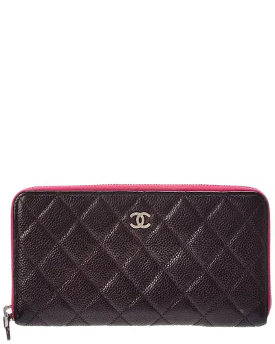 Pre-owned Chanel Black Pink Quilted Caviar Leather Large Gusset Zip Around Wallet (authentic Pre-loved)
