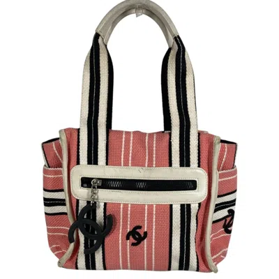 Pre-owned Chanel Black Pink White Canvas Leather Shoulder Bag Tote Bag () In Multi