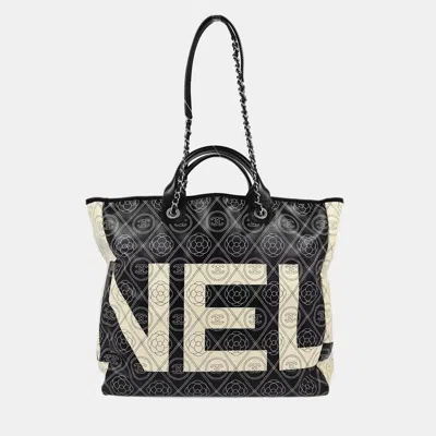 Pre-owned Chanel Black Printed Coated Canvas Logo Camellia Shopping Tote Bag