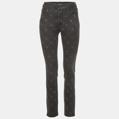 Pre-owned Chanel Black Printed Denim Straight Leg Matelasse Jeans S/waist 25"