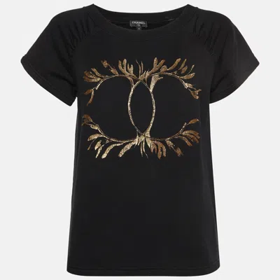 Pre-owned Chanel Black Printed Jersey Short Sleeve T-shirt S