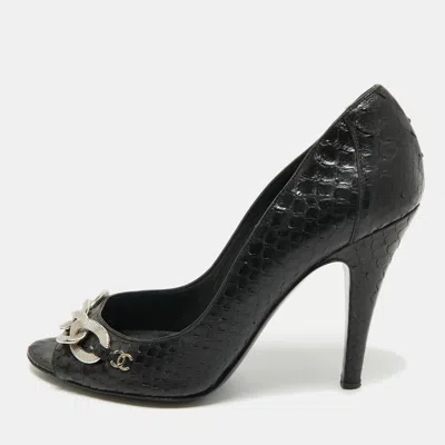 Pre-owned Chanel Black Python Cc Chain Link Detail Open Toe Pumps Size 38