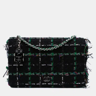 Pre-owned Chanel Black Quilted Boucle Tweed Robot Charm Wallet On Chain