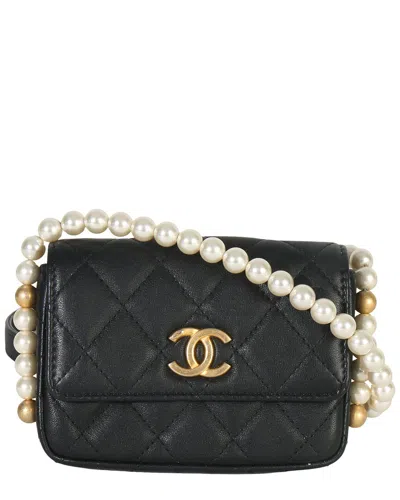 Pre-owned Chanel Black Quilted Calfskin About Pearls Card Holder With Chain (authentic  Pre-loved)