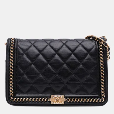 Pre-owned Chanel Black Quilted Calfskin Chain Around Boy Wallet On Chain