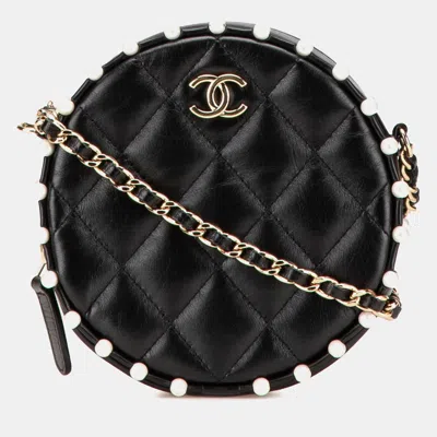 Pre-owned Chanel Black Quilted Calfskin Pearl Studded Round Clutch With Chain