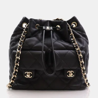 Pre-owned Chanel Black Quilted Calfskin Small Double Pocket Drawstring Backpack