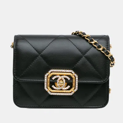Pre-owned Chanel Black Quilted Calfskin Strass Card Holder On Chain