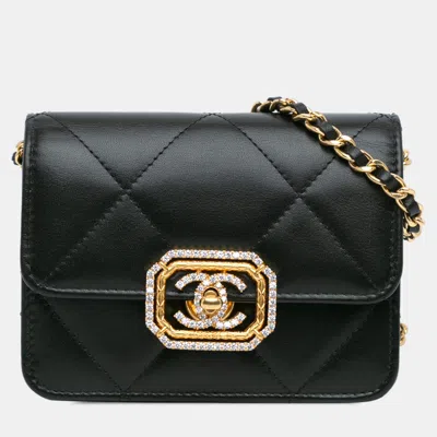 Pre-owned Chanel Black Quilted Calfskin Strass Card Holder On Chain