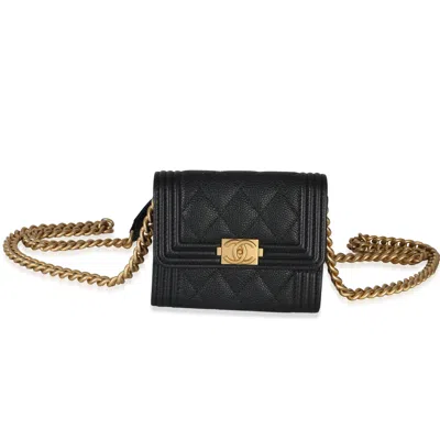 Pre-owned Chanel Black Quilted Caviar Boy Card Holder On Chain