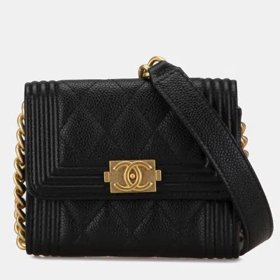 Pre-owned Chanel Black Quilted Caviar Boy Card Holder With Chain