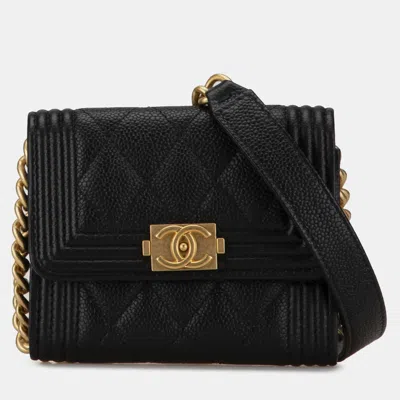 Pre-owned Chanel Black Quilted Caviar Boy Card Holder With Chain