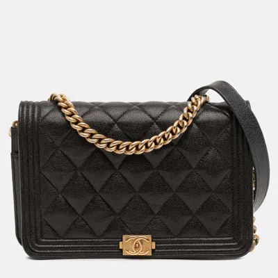 Pre-owned Chanel Black Quilted Caviar Boy Wallet On Chain