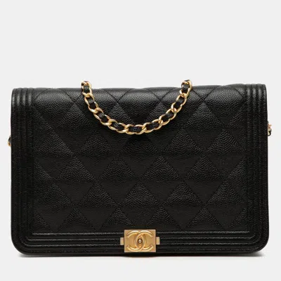 Pre-owned Chanel Black Quilted Caviar Boy Wallet On Chain
