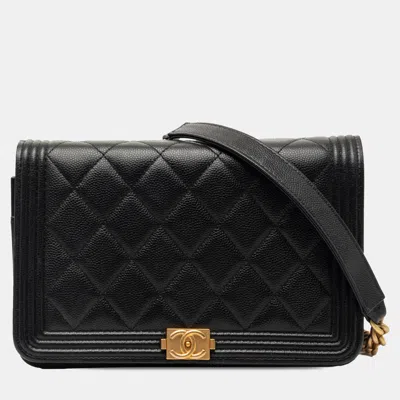 Pre-owned Chanel Black Quilted Caviar Boy Wallet On Chain