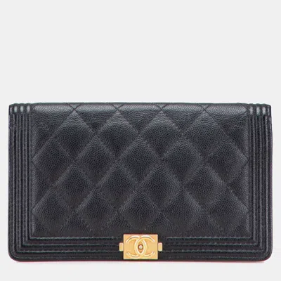 Pre-owned Chanel Black Quilted Caviar Boy Yen Long Wallet