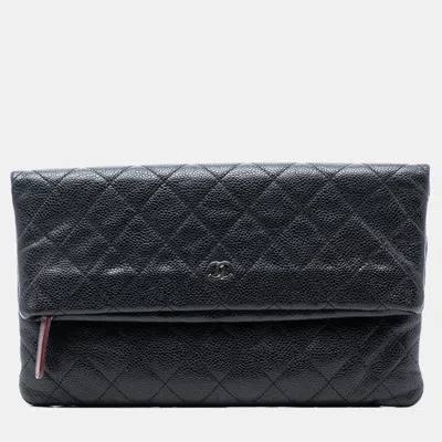 Pre-owned Chanel Black Quilted Caviar Cc Beauty Foldover Clutch