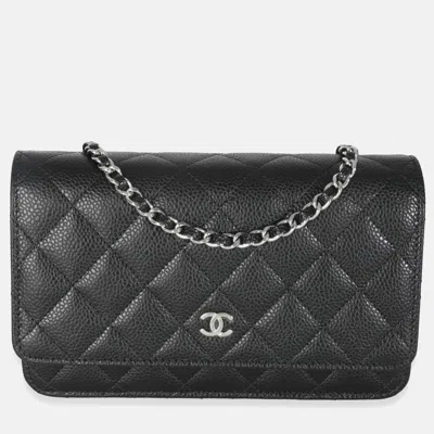 Pre-owned Chanel Black Quilted Caviar Classic Wallet On Chain