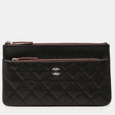 Pre-owned Chanel Black Quilted Caviar Double Zip Cosmetic Case