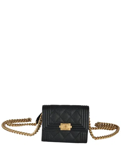 Pre-owned Chanel Black Quilted Caviar Leather Boy Card Holder On Chain (authentic Pre-  Loved)
