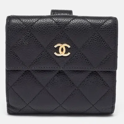 Pre-owned Chanel Black Quilted Caviar Leather Cc Compact Wallet