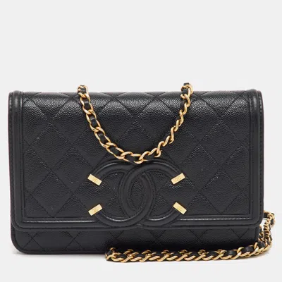 Pre-owned Chanel Black Quilted Caviar Leather Cc Filigree Wallet On Chain