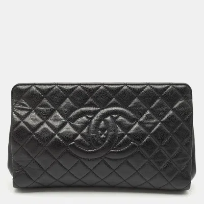 Pre-owned Chanel Black Quilted Caviar Leather Cc Timeless Frame Clutch