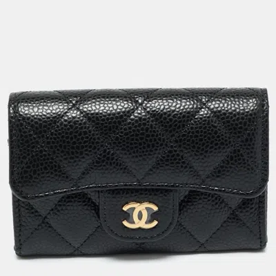Pre-owned Chanel Black Quilted Caviar Leather Classic Flap Card Holder