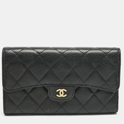Pre-owned Chanel Black Quilted Caviar Leather Classic L Flap Wallet