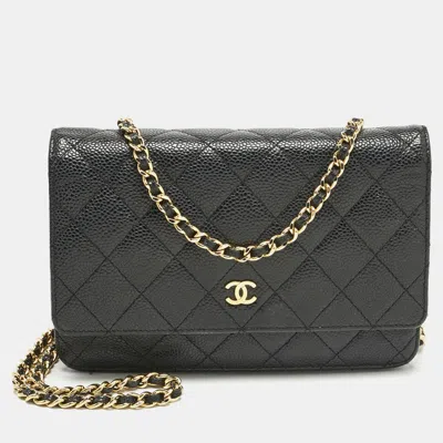 Pre-owned Chanel Black Quilted Caviar Leather Classic Wallet On Chain
