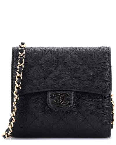 Pre-owned Chanel Black Quilted Caviar Leather Flap Zip Around Card Case On Chain Mini  (authentic Pre-loved)