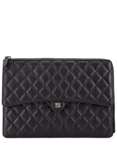 Pre-owned Chanel Black Quilted Caviar Leather Flap Zip Clutch Large (authentic Pre-  Loved)