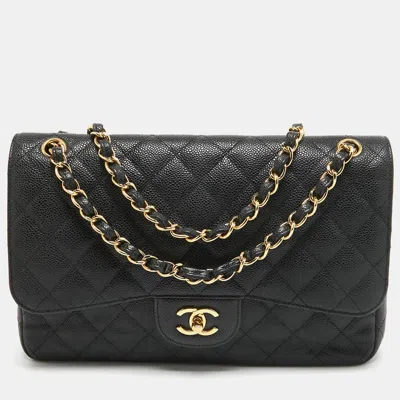 Pre-owned Chanel Black Quilted Caviar Leather Jumbo Classic Double Flap Bag