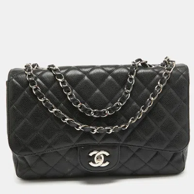 Pre-owned Chanel Black Quilted Caviar Leather Jumbo Classic Single Flap Bag