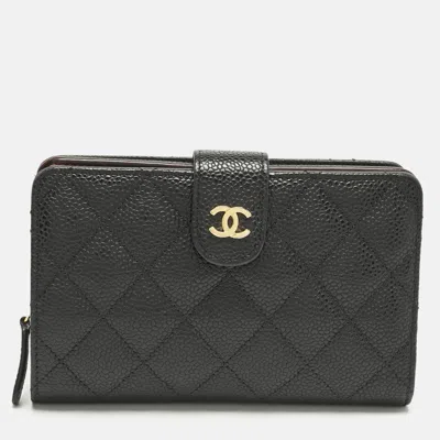Pre-owned Chanel Black Quilted Caviar Leather L-zip Wallet