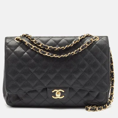 Pre-owned Chanel Black Quilted Caviar Leather Maxi Classic Double Flap Bag