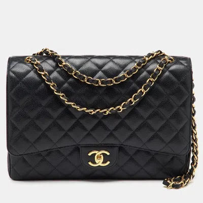 Pre-owned Chanel Black Quilted Caviar Leather Maxi Classic Double Flap Bag