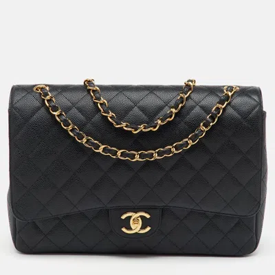 Pre-owned Chanel Black Quilted Caviar Leather Maxi Classic Double Flap Bag